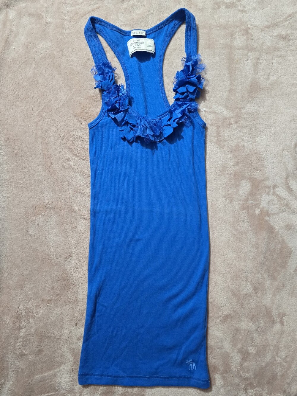 Abercrombie & Fitch Y2K Blue Tank Top Lace Rufgle Floral Trim, Sz XS